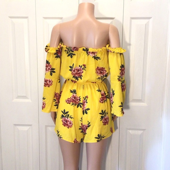 Toxik3 Yellow Floral Off The Shoulder Long Sleeve Romper Size Medium - Picture 6 of 11